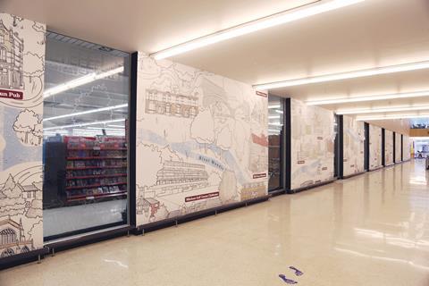 The Wandsworth store has graphic detailing the course of the River Wandle and the buildings along its banks that runs across the front of the store.